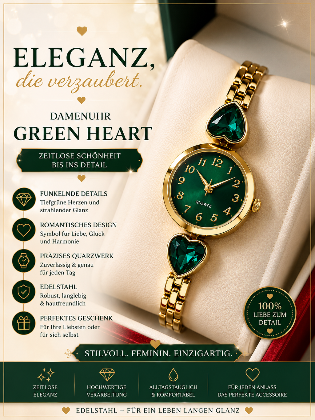 💚✨ Luxus Damenuhr Green Heart mit funkelnden Herzdetails ✨💚