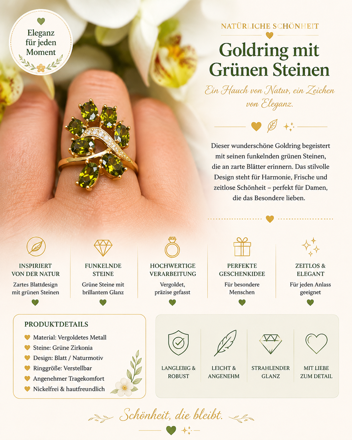 ✨ Exklusiver Goldring „Green Leaf“ mit grünen Zirkonia Größe 8 ✨