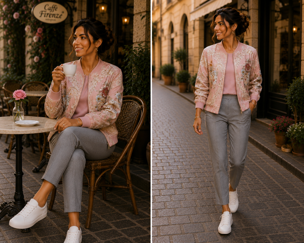 Elegante Bomberjacke mit exklusiver Blumenstickerei – Puderrosa | Made in Italy 🇮🇹