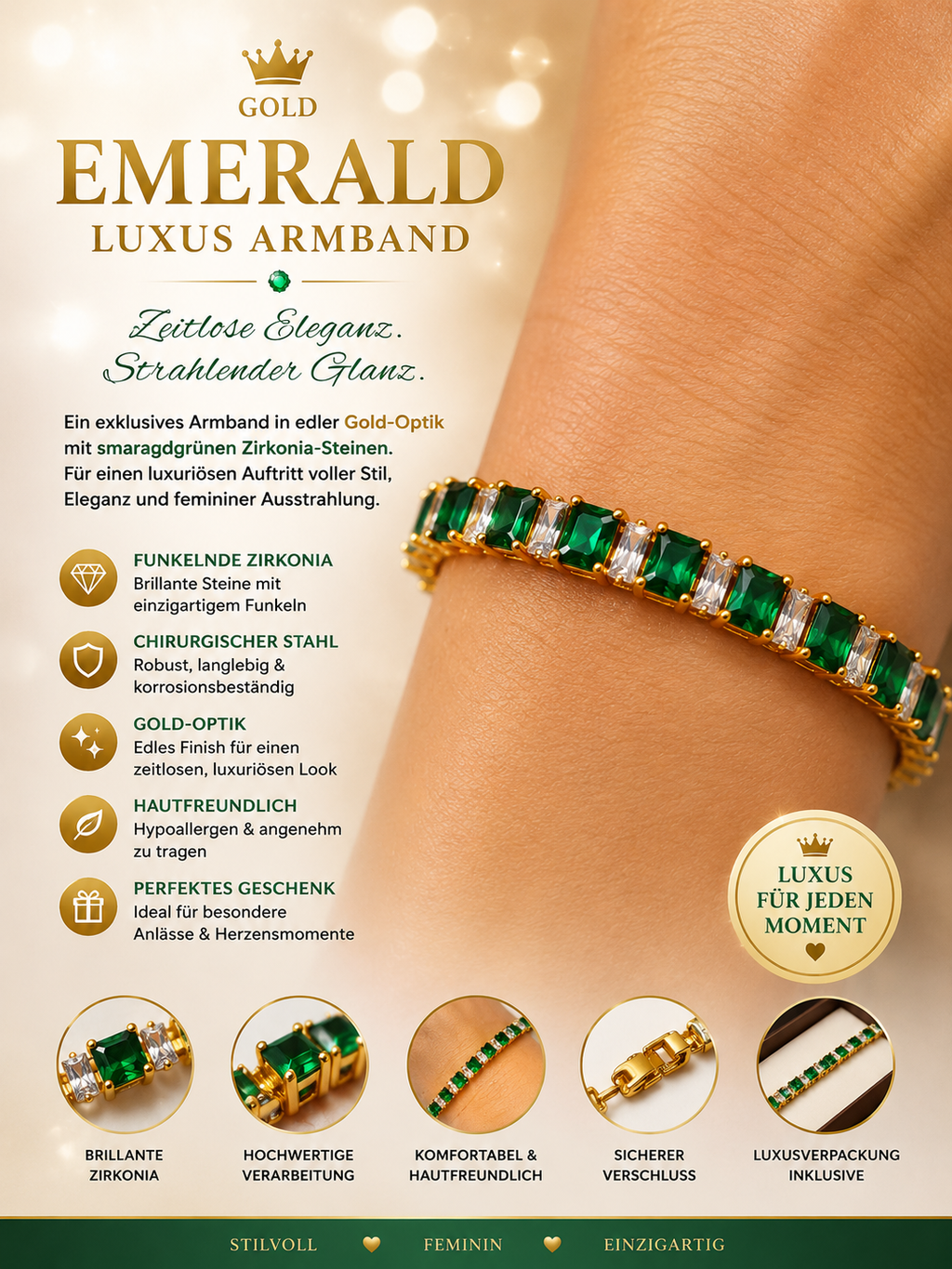 💚 Emerald Shine – Luxus Armband mit Smaragd-Zirkonia | 18K Gold-Optik ✨