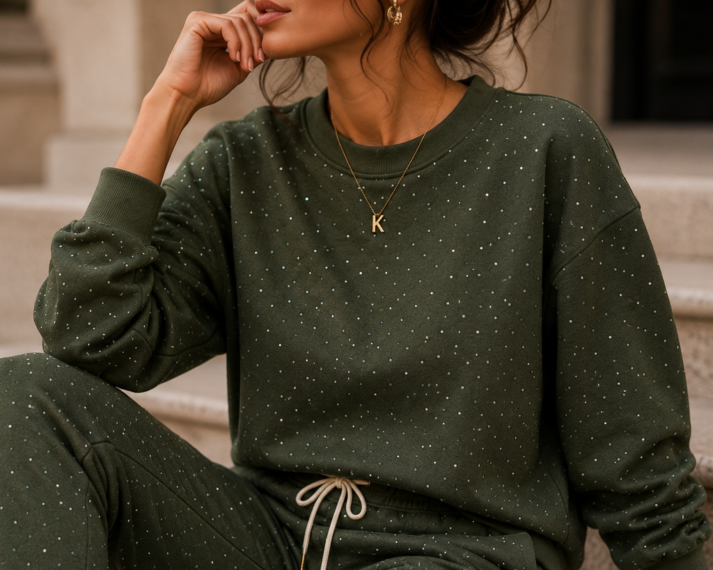 ✨ Eleganter Strass-Zweiteiler in Olivgrün
