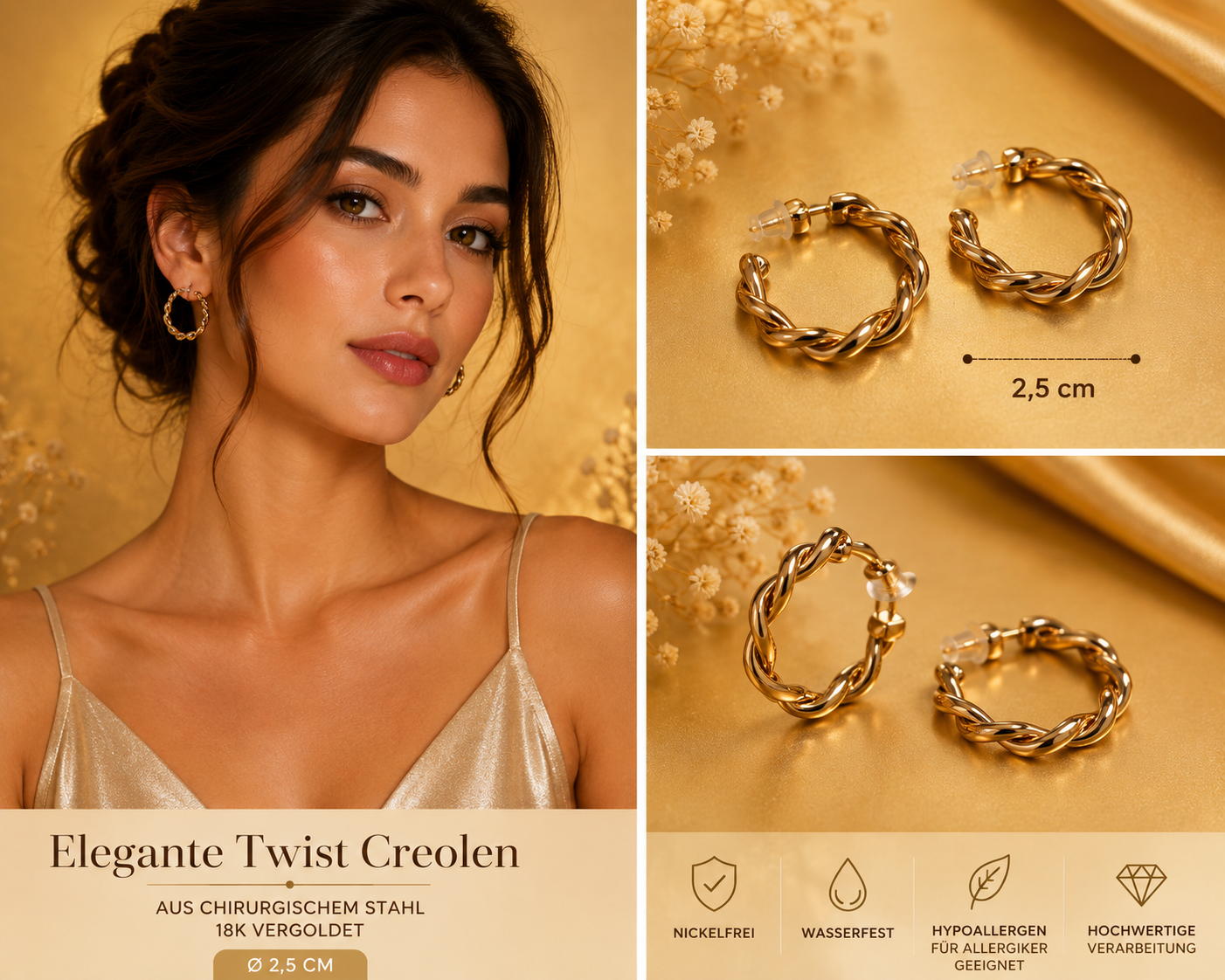 Elegante Twist-Creolen aus chirurgischem Stahl 18K vergoldet – Ø 2,5 cm ✨
