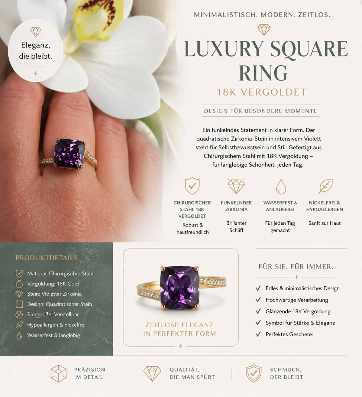 👑 Royal Violet Ring – Chirurgischer Stahl 18K vergoldet Gr.8 💜✨