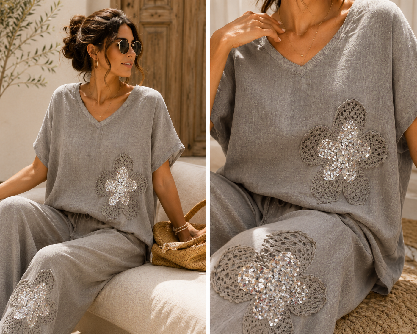 Exklusives Leinen-Set mit Paillettenblüten – Made in Italy