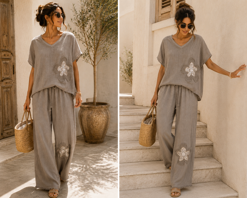 Exklusives Leinen-Set mit Paillettenblüten – Made in Italy
