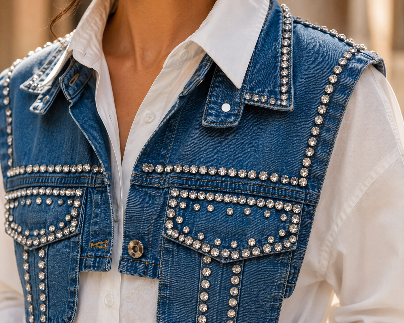 ✨ Elegante Baumwollbluse mit Denim-Weste und Strassdetails