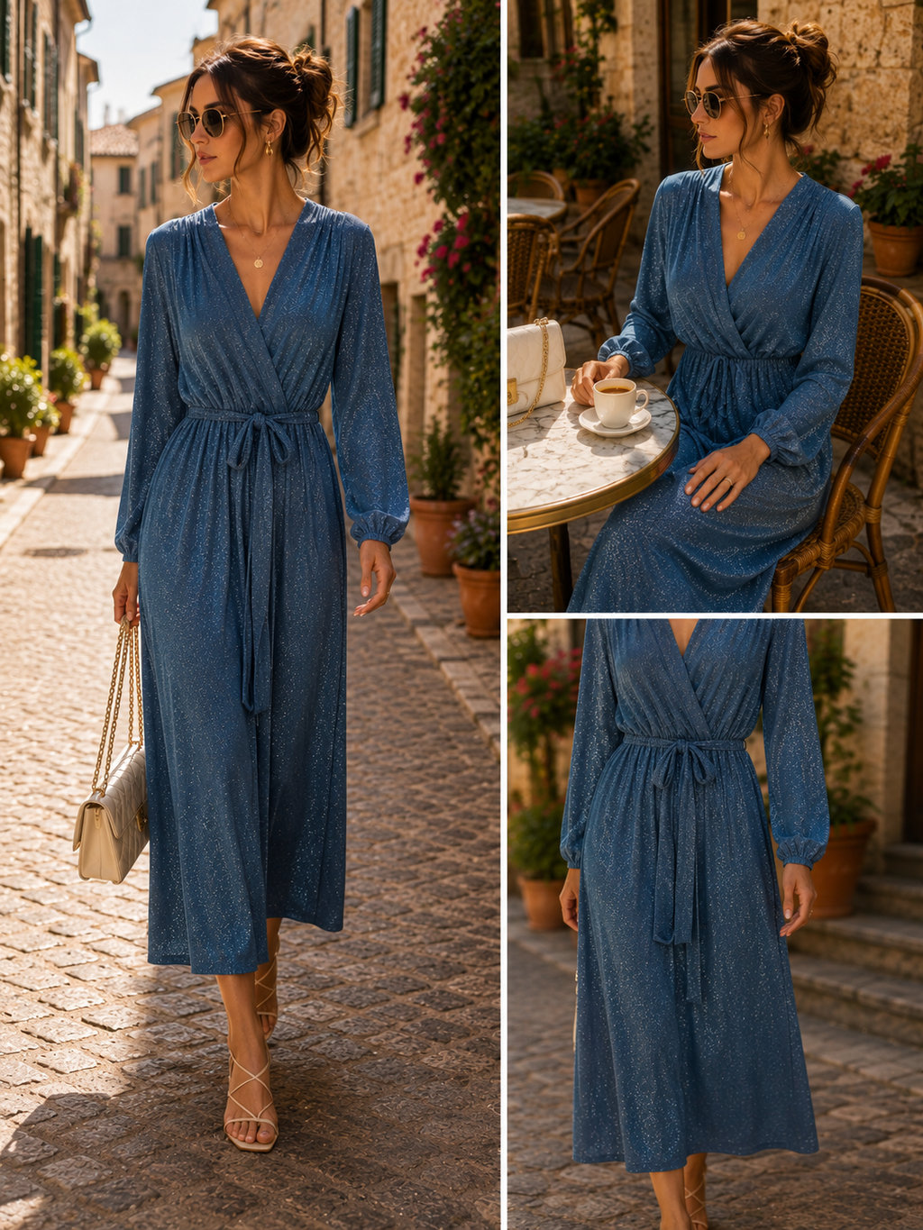 ✨ Elegantes Maxikleid mit silbernem Schimmer – Meeresblau | Made in Italy 🇮🇹