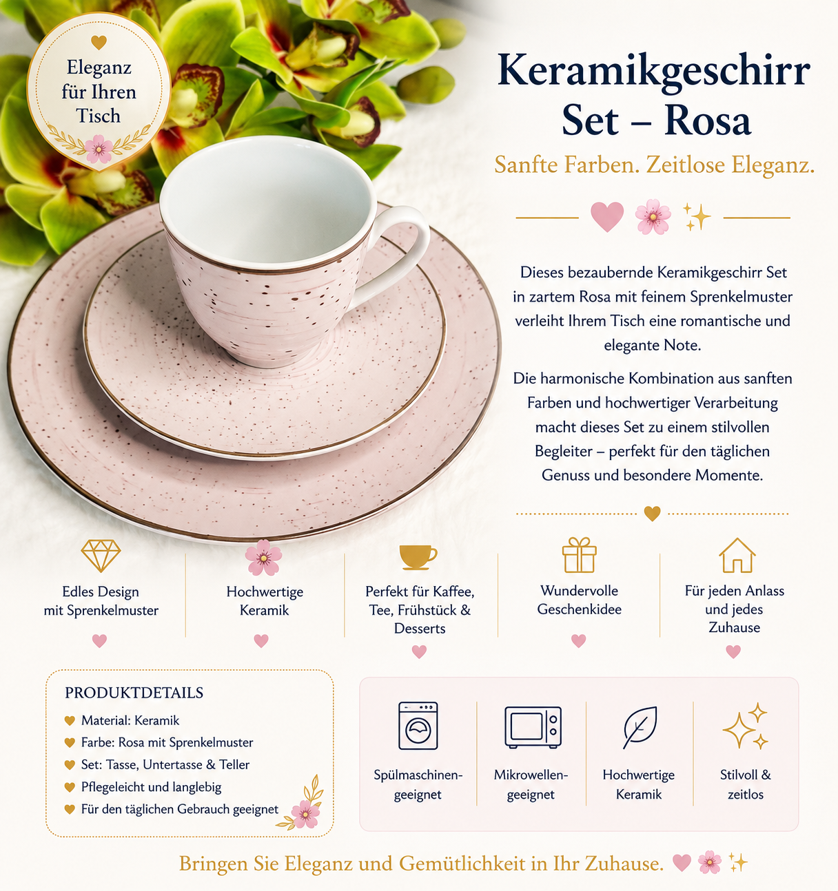 🌸 Elegantes Dessertset in Rosa – 3-teilig 🌸