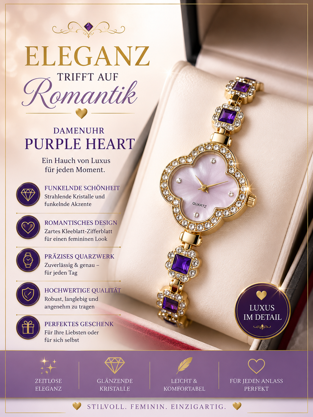 👑 Luxus Damenuhr „Amethyst Blossom“ – Gold & Violett 👑