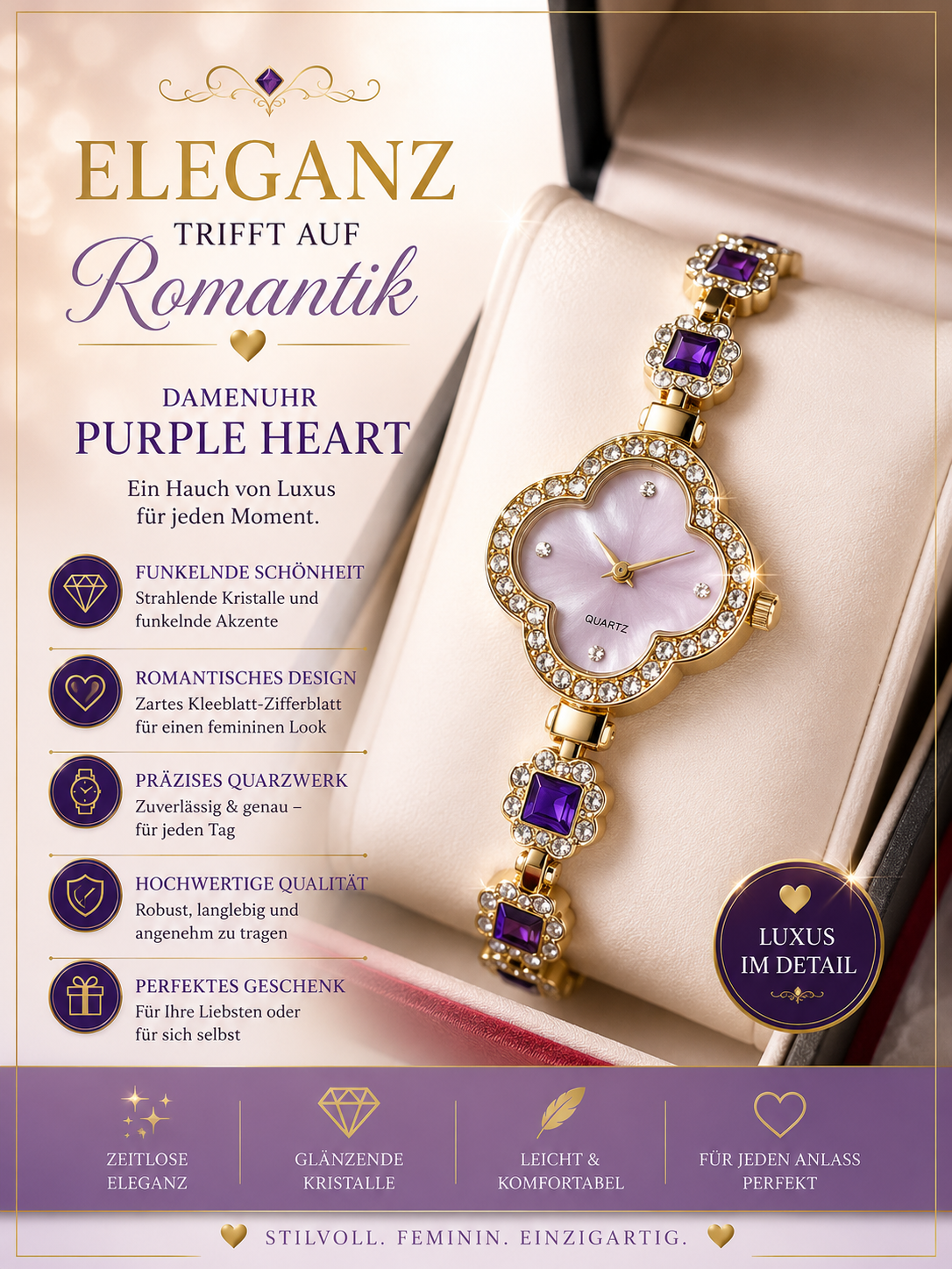 👑 Luxus Damenuhr „Amethyst Blossom“ – Gold & Violett 👑