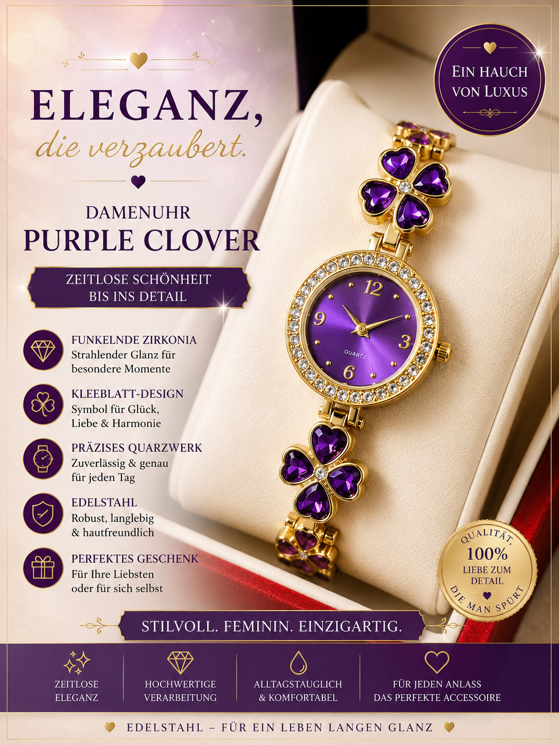 💜✨ Luxus Damenuhr mit violetten Kleeblatt-Details und Zirkonia ✨💜