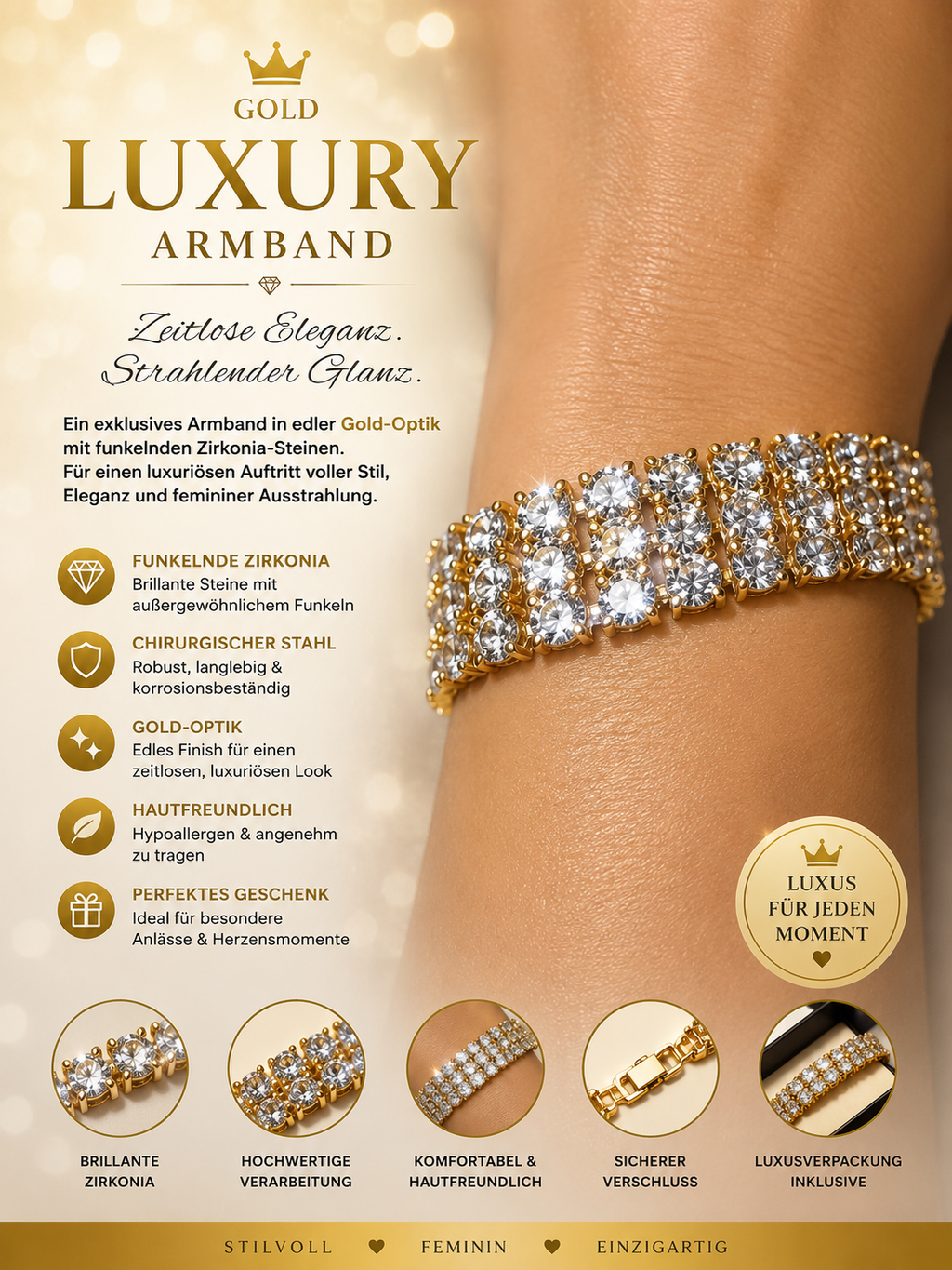 👑 Diamond Glow – Luxus Armband mit Premium-Zirkonia | 18K Gold-Optik ✨💎