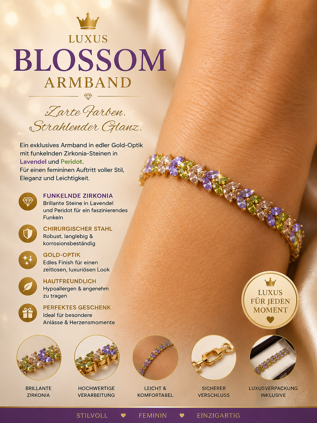 👑 Royal Blossom – Luxus Armband mit Lavendel- & Peridot-Zirkonia 💜💚✨