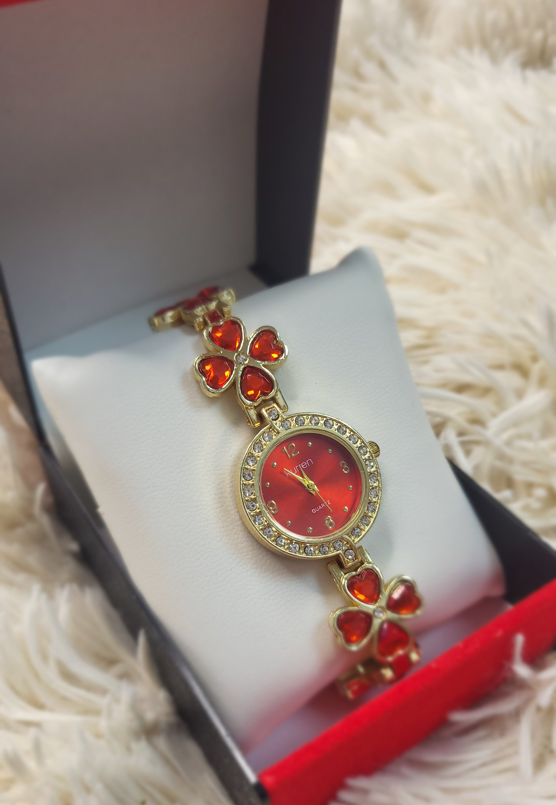 ❤️ Elegante Damenuhr Red Heart – Gold & Rubinrot ❤️