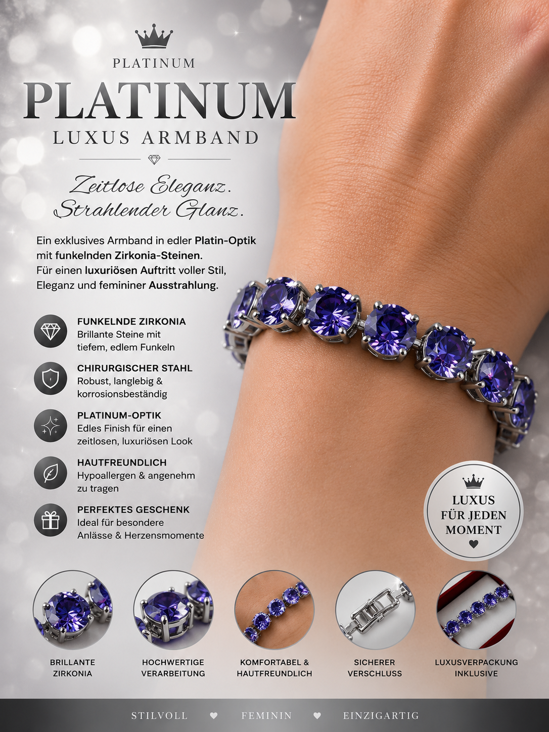 💜 Violet Royal – Luxus Armband mit violetten Zirkonia | Platin-Optik