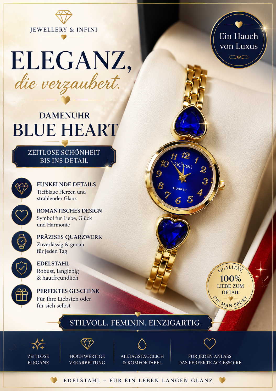 👑 Blue Heart Luxury Watch – Damenuhr aus Edelstahl 💙✨⌚