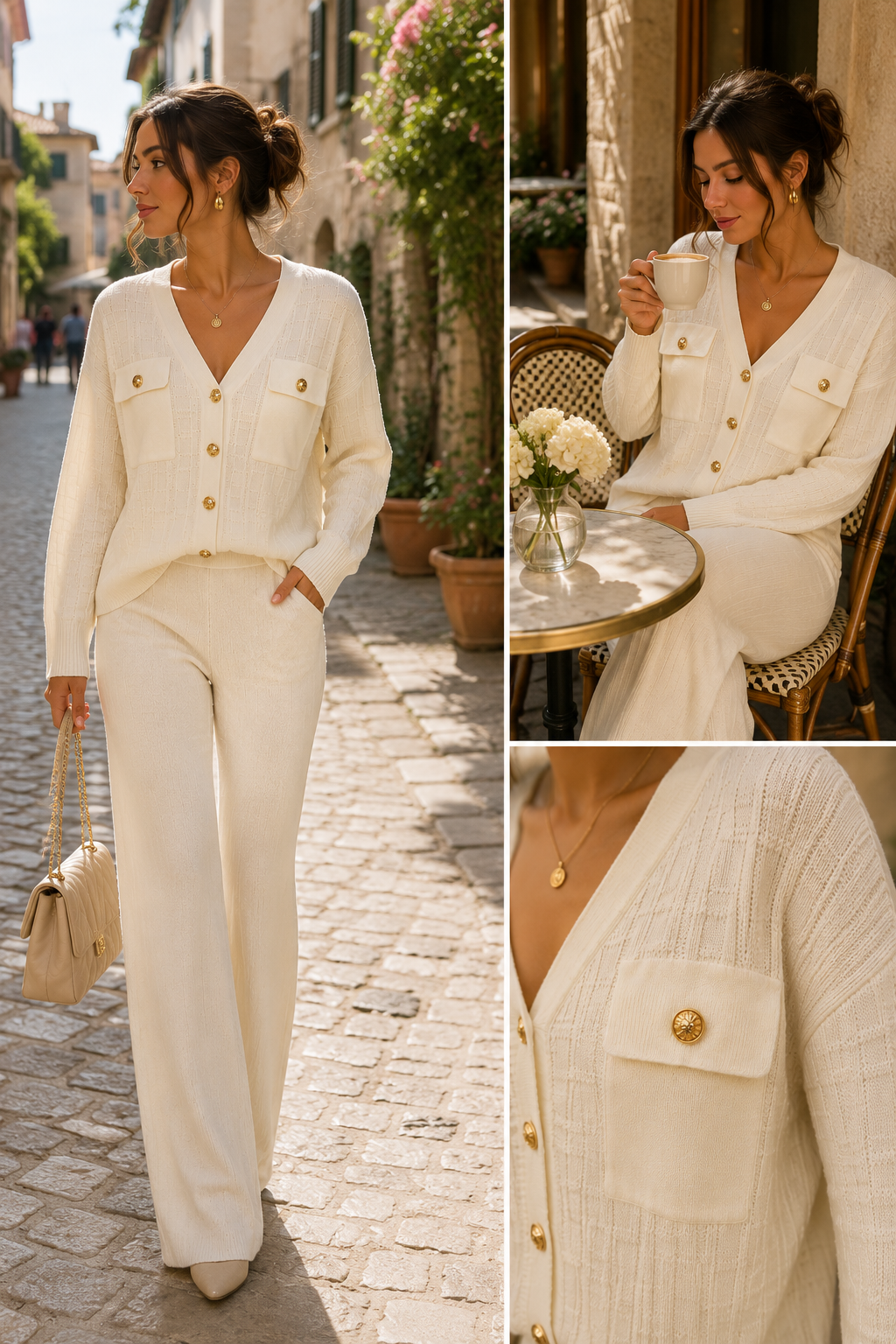 ✨ Elegantes Strick-Set mit goldenen Knöpfen – Vanille | Made in Italy 🇮🇹
