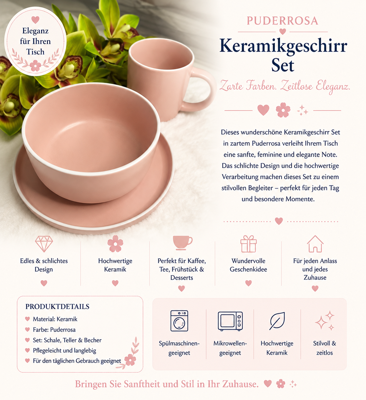 💗 Pudderrosa Keramikgeschirr Set – Schale, Teller & Becher 🌸✨