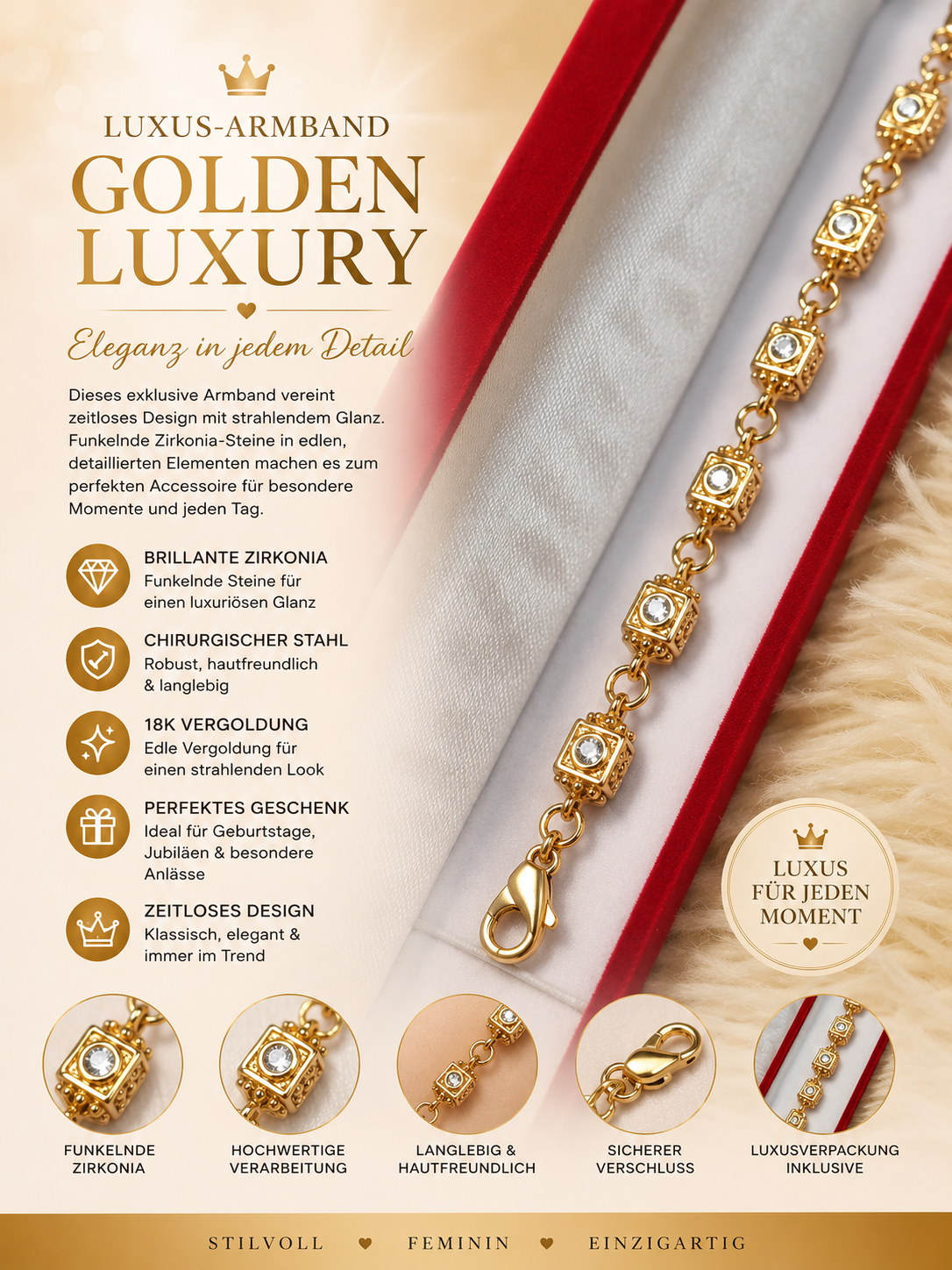 👑 Royal Golden Cube – Elegancka Bransoletka ze Stali Chirurgicznej 18K Gold PVD ✨