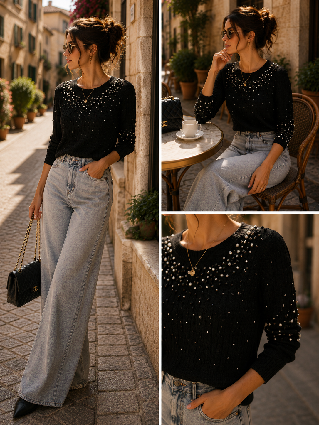 Eleganter Feinstrickpullover mit Zirkonia & schwarzen Perlen – Schwarz