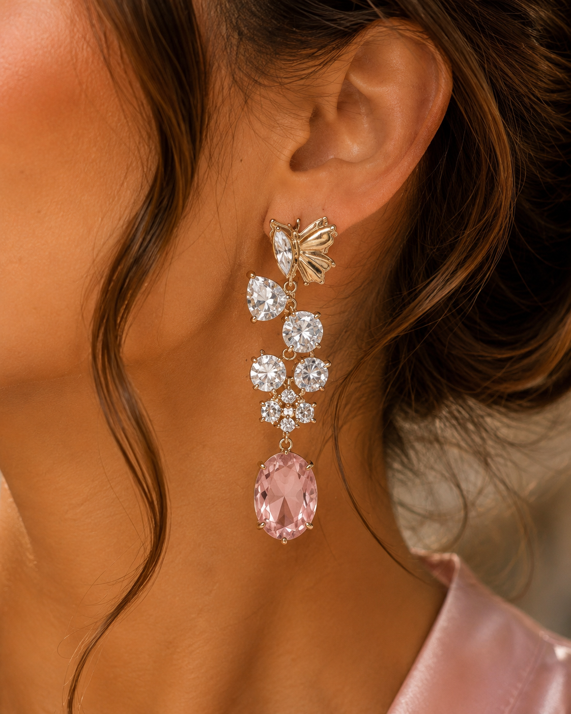 Schmetterling Ohrringe mit Zirkonia & rosa Stein