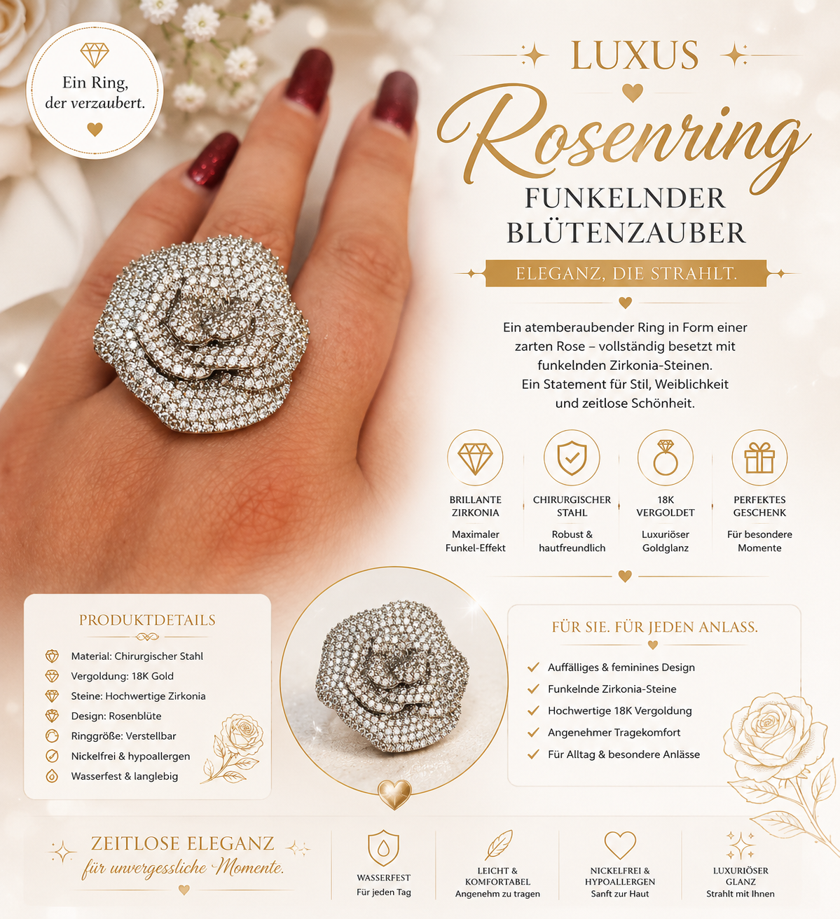 🌹✨ Luxus Rosenring ✨🌹
Funkelnder Blütenzauber mit Zirkonia Größe 6