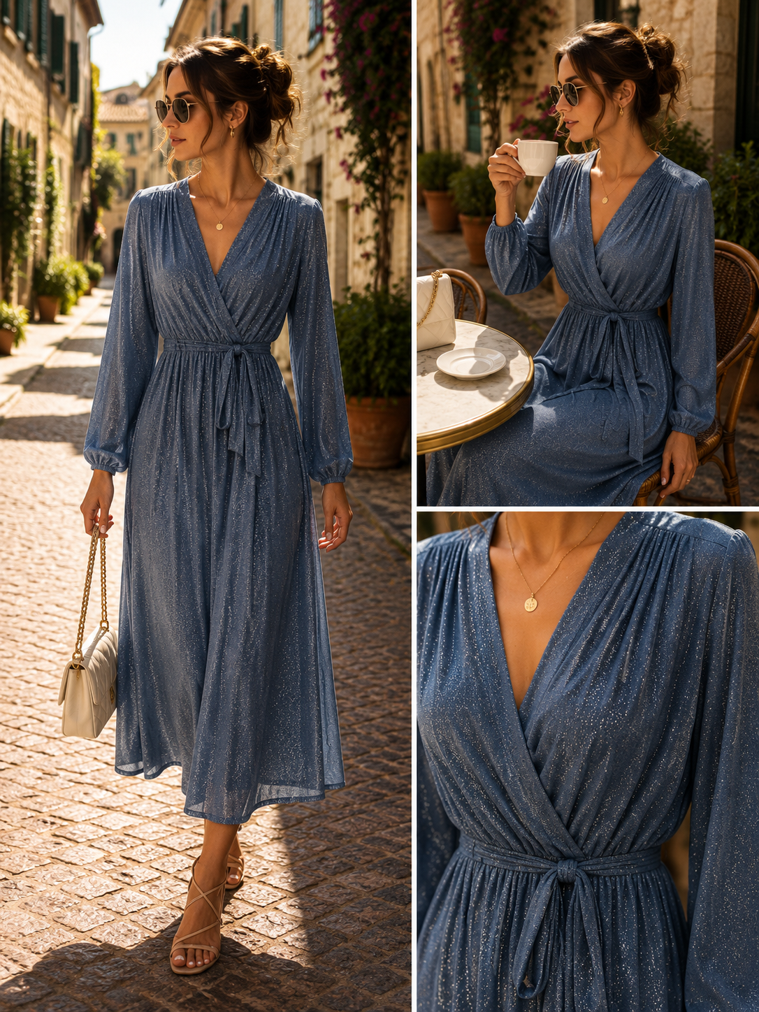 ✨ Elegantes Maxikleid mit silbernem Schimmer – Meeresblau | Made in Italy 🇮🇹