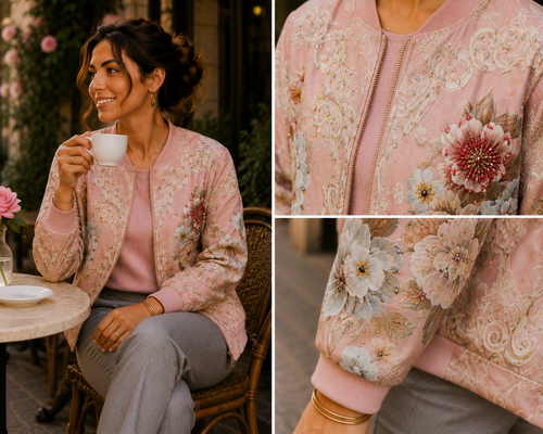 Elegante Bomberjacke mit exklusiver Blumenstickerei – Puderrosa | Made in Italy 🇮🇹