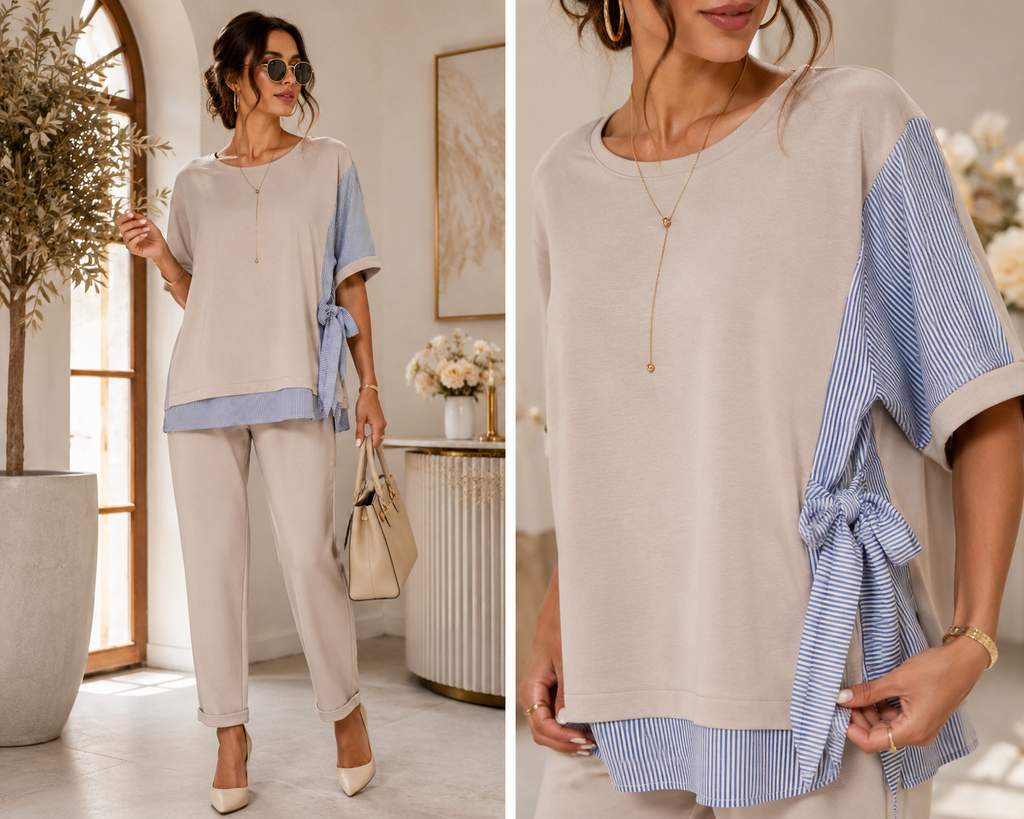 Elegantes 2-teiliges Set mit Hemdblusen-Details – Beige | Made in Italy