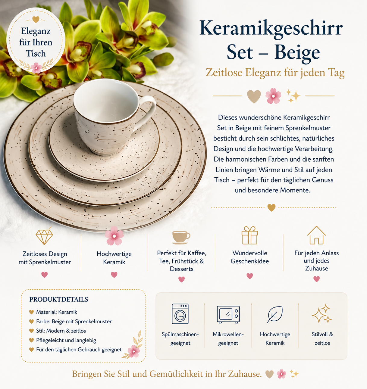 🌸 4-teiliges Dessert- und Frühstücksset Vintage Creme 🌸