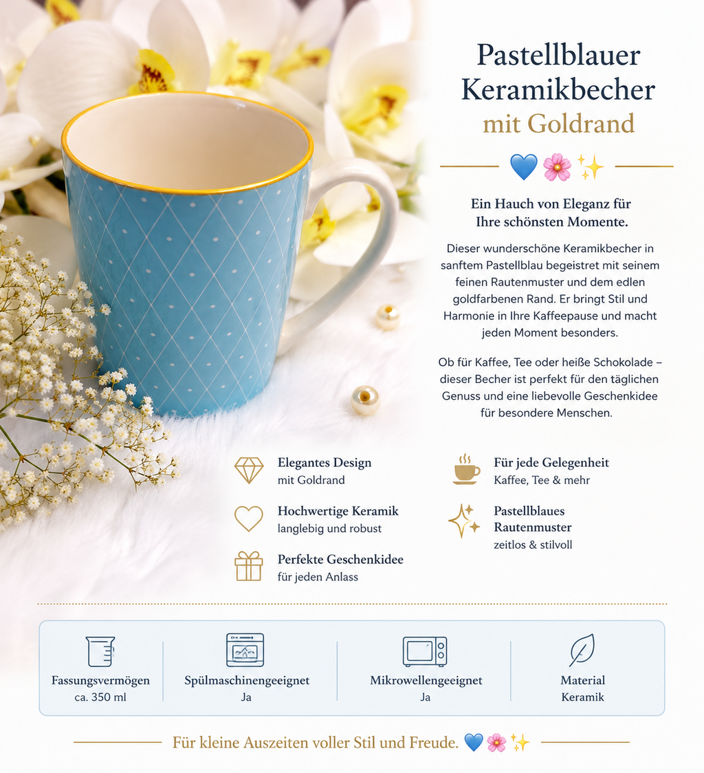 💙 Pastelblauer Keramikbecher mit Goldrand 200 ml 🌸✨💙